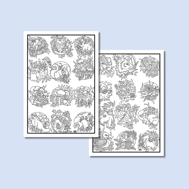(Digital) Autumn Wildlife 24 Miniature Illustrations On Two Colouring Pages