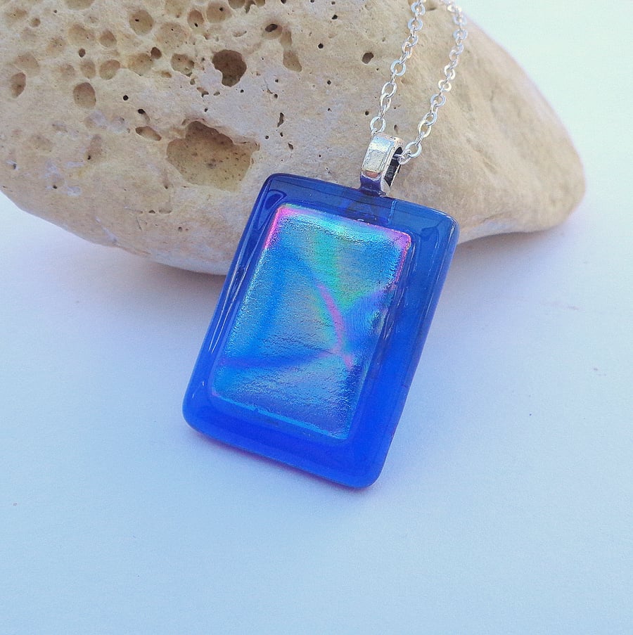 Dichroic glass pendant art Gently geometric on blue