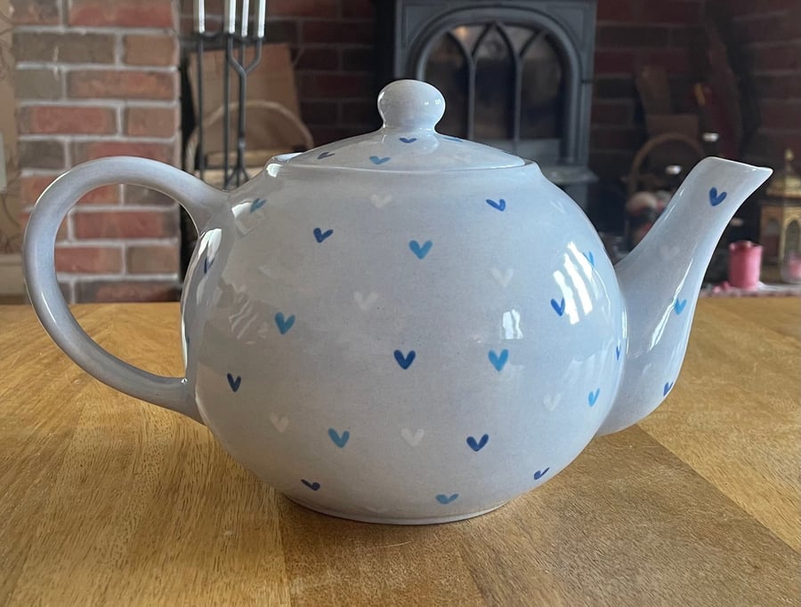 Blue and White Sweetheart Teapot, Hand Painted, Ceramic 