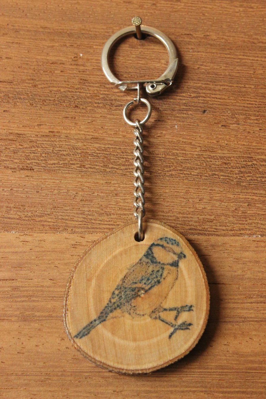 SALE ITEM - Blue-tit Apple Wood Natural Keyring Art Bag & Keys Accessory