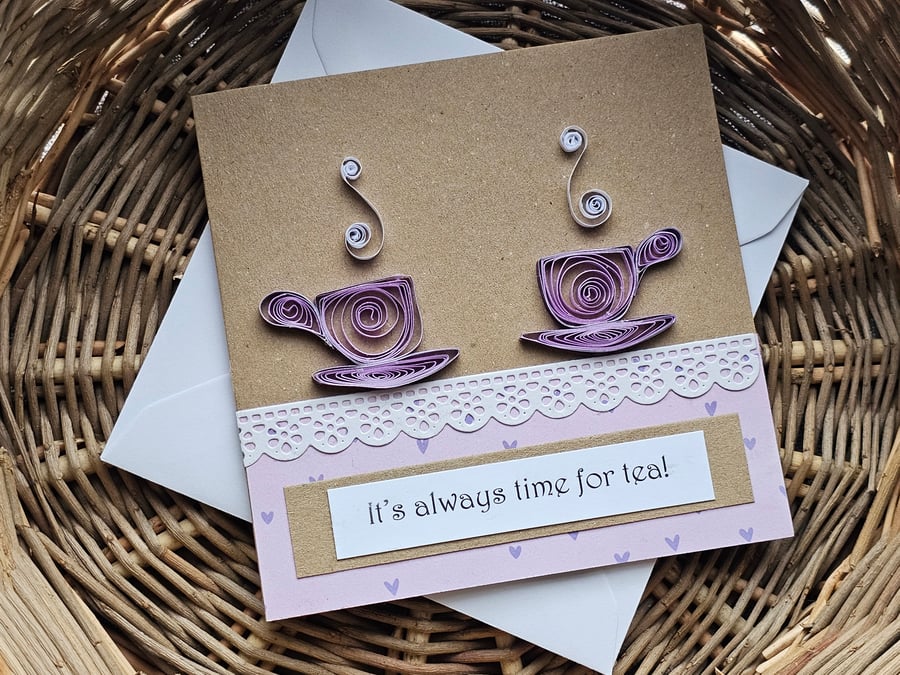 Quilled Tea Cups Square Blank Card 5 " x 5" Handmade ans Unique