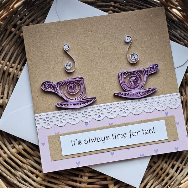 Quilled Tea Cups Square Blank Card 5 " x 5" Handmade ans Unique