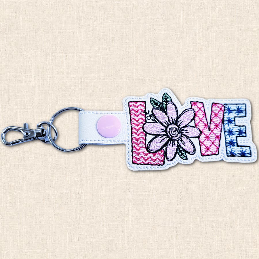 Floral Love Keyring - Embroidered Faux Leather Bag Charm