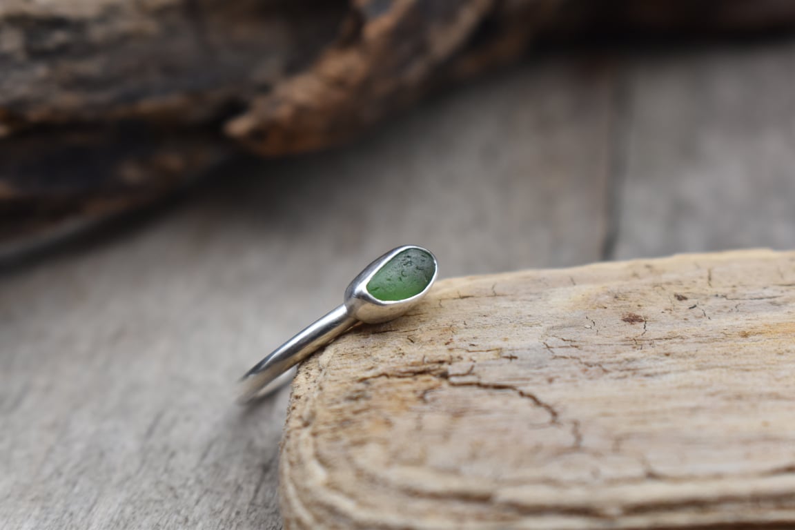 Sea Glass and Recycled Silver Ring, Size K-and-a-half, Scottish Sea Glass