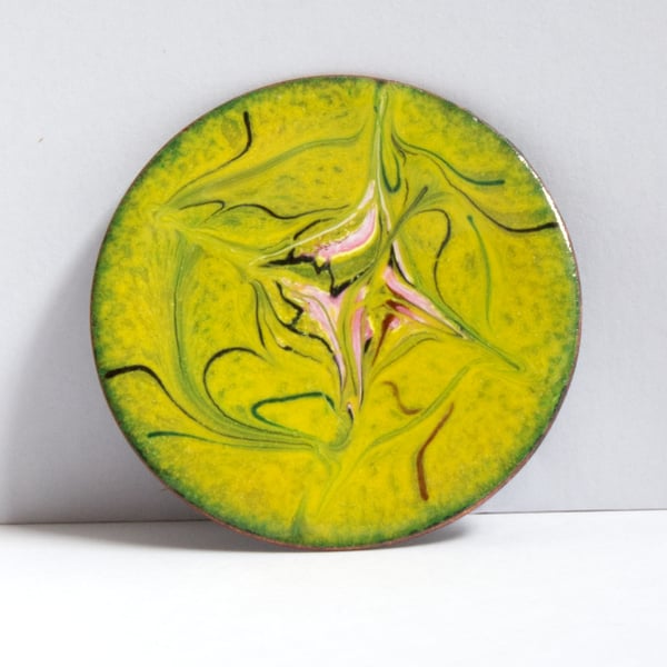 pink, white, black on yellow - big round brooch