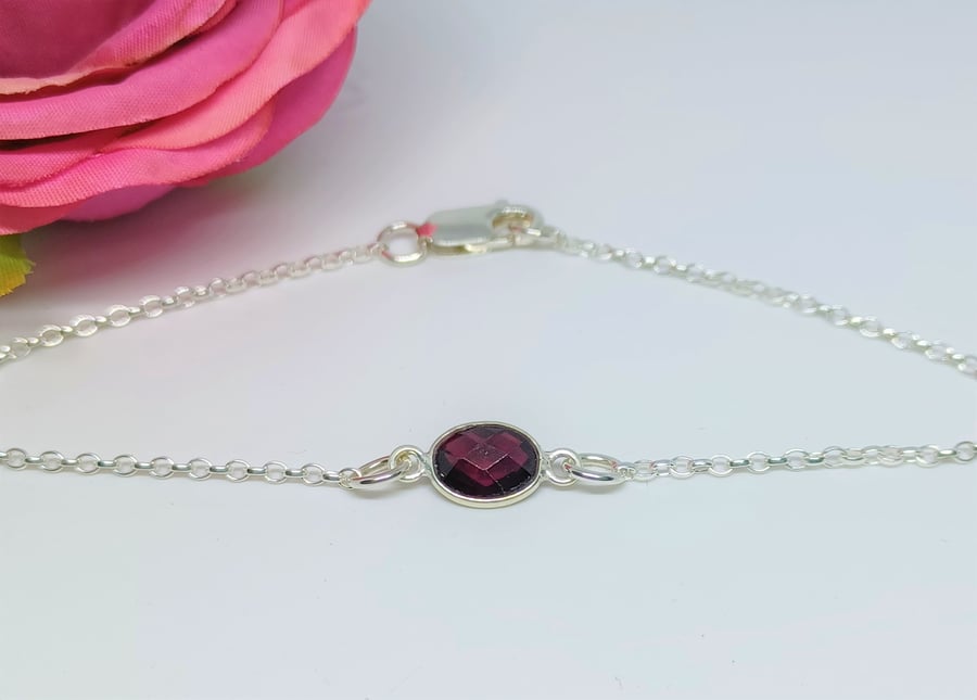 Double Sided Faceted Garnet Sterling Silver Gemstone Bracelet