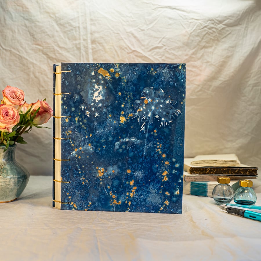 8x10 inch Journal, Cyanotype Print with Umbellifers and Gold Ink (Folksy148)