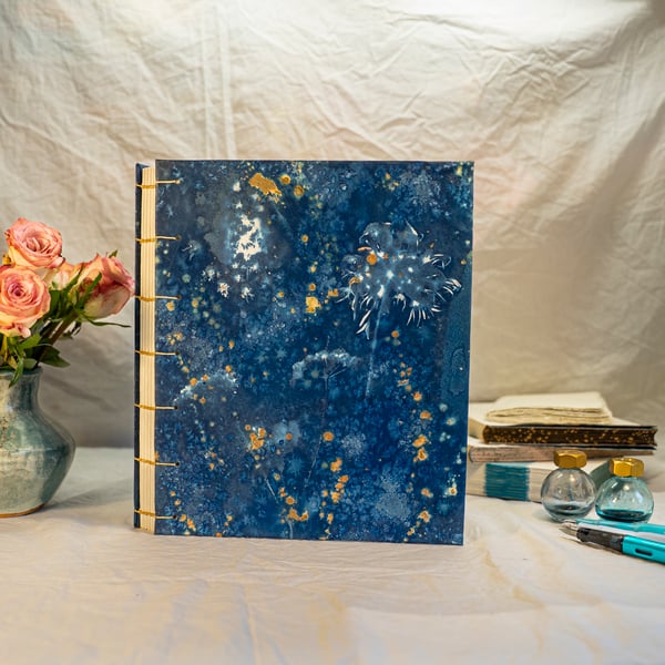 8x10 inch Journal, Cyanotype Print with Umbellifers and Gold Ink (Folksy148)