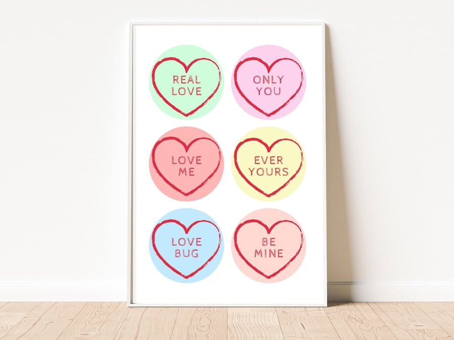 Love Heart Sweets Art Print, Unframed Retro Sweet Art
