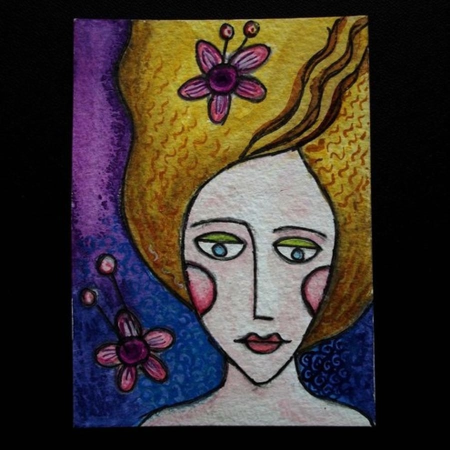 ACEO original watercolour, Lady with flowing hair.