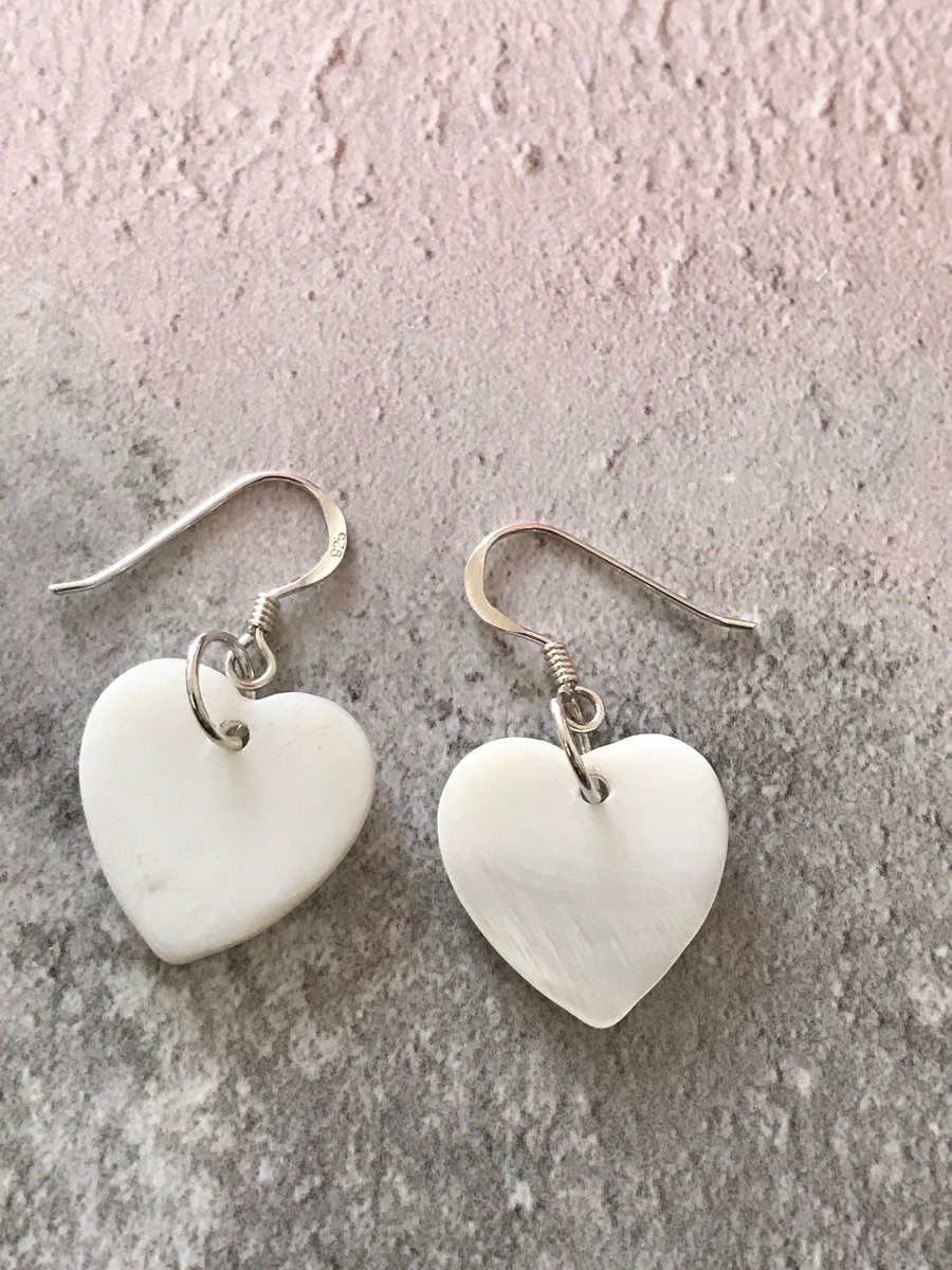 Sterling Silver Mother of Pearl Heart Dangle Earrings