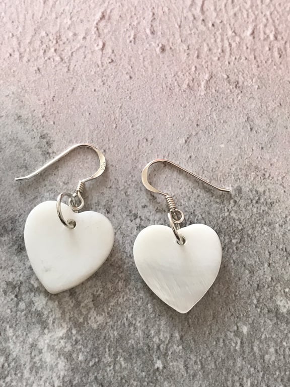 Sterling Silver Mother of Pearl Heart Dangle Earrings