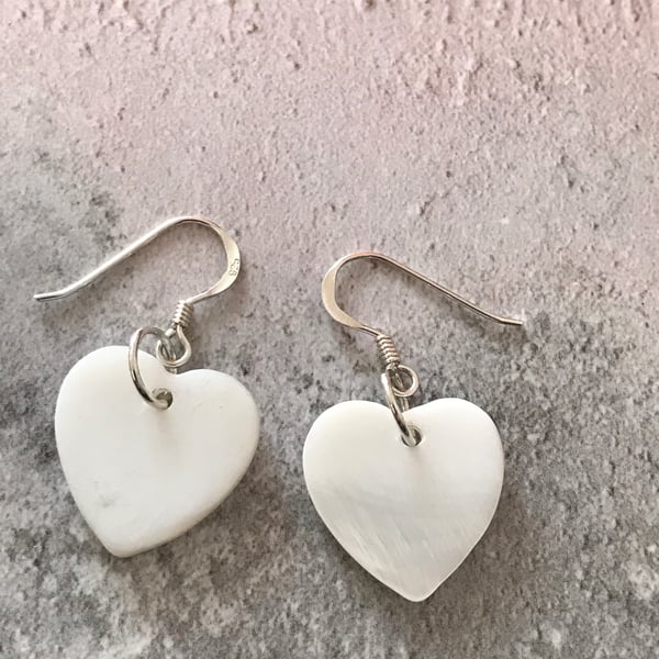 Sterling Silver Mother of Pearl Heart Dangle Earrings