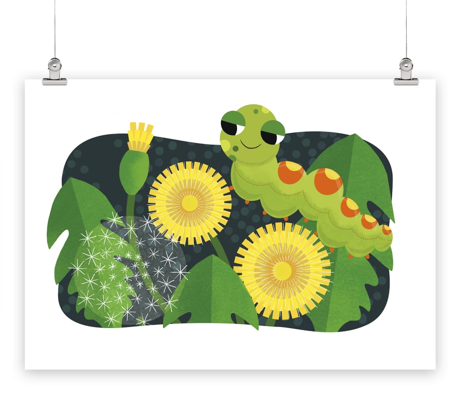 Caterpillar and Dandelions illustration - A3 print