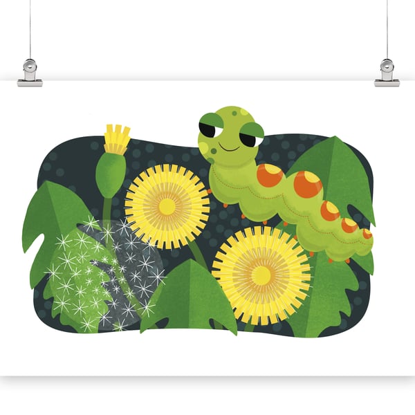 Caterpillar and Dandelions illustration - A3 print
