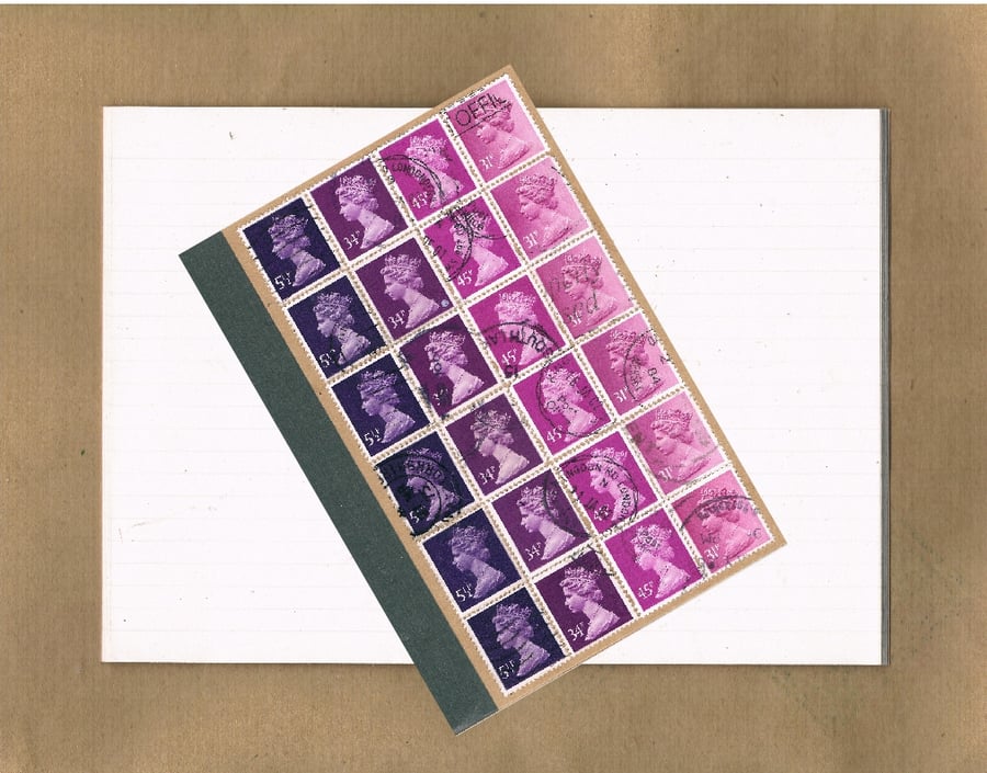 Plum Purple Ombre Notebook, Upcycled postage stamps, lined a6 jotter, mail art