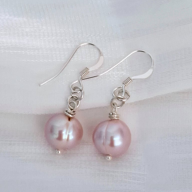 Dainty Pearl Drop Earrings, Sterling Silver Jewellery, freshwater Lavender Pearl