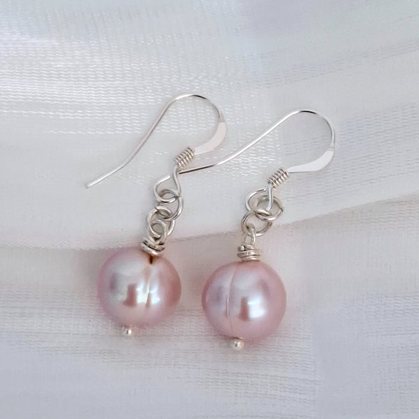 Dainty Pearl Drop Earrings, Sterling Silver Jewellery, freshwater Lavender Pearl