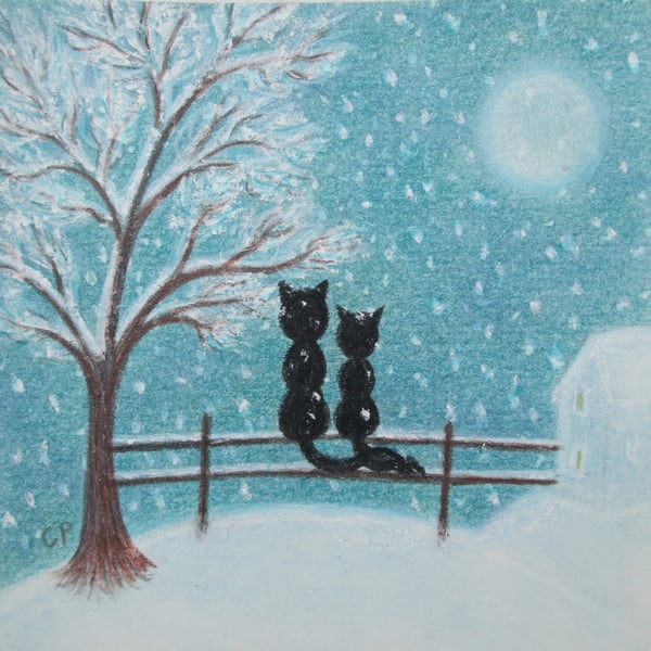Cat Card, Snow Black Cats Card, Kitten Moon Tree Card, Kids Cats Card