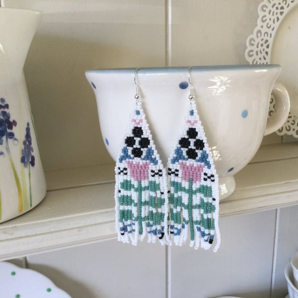 Earrings, Beautiful folk art flower design fringe earrings, gift for her