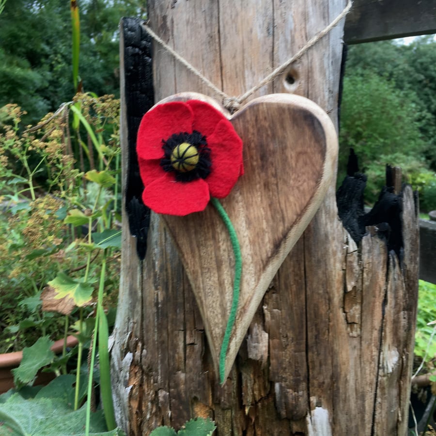 Rustic wooden hanging heart with hand felted poppy