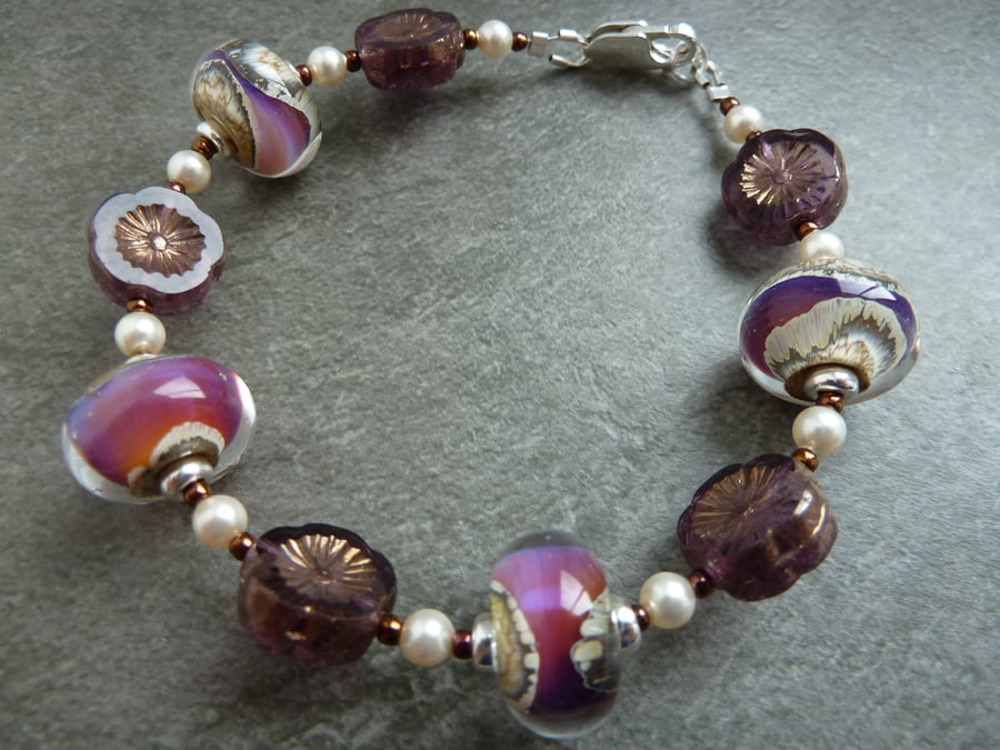 sterling silver, purple lampwork glass bracelet