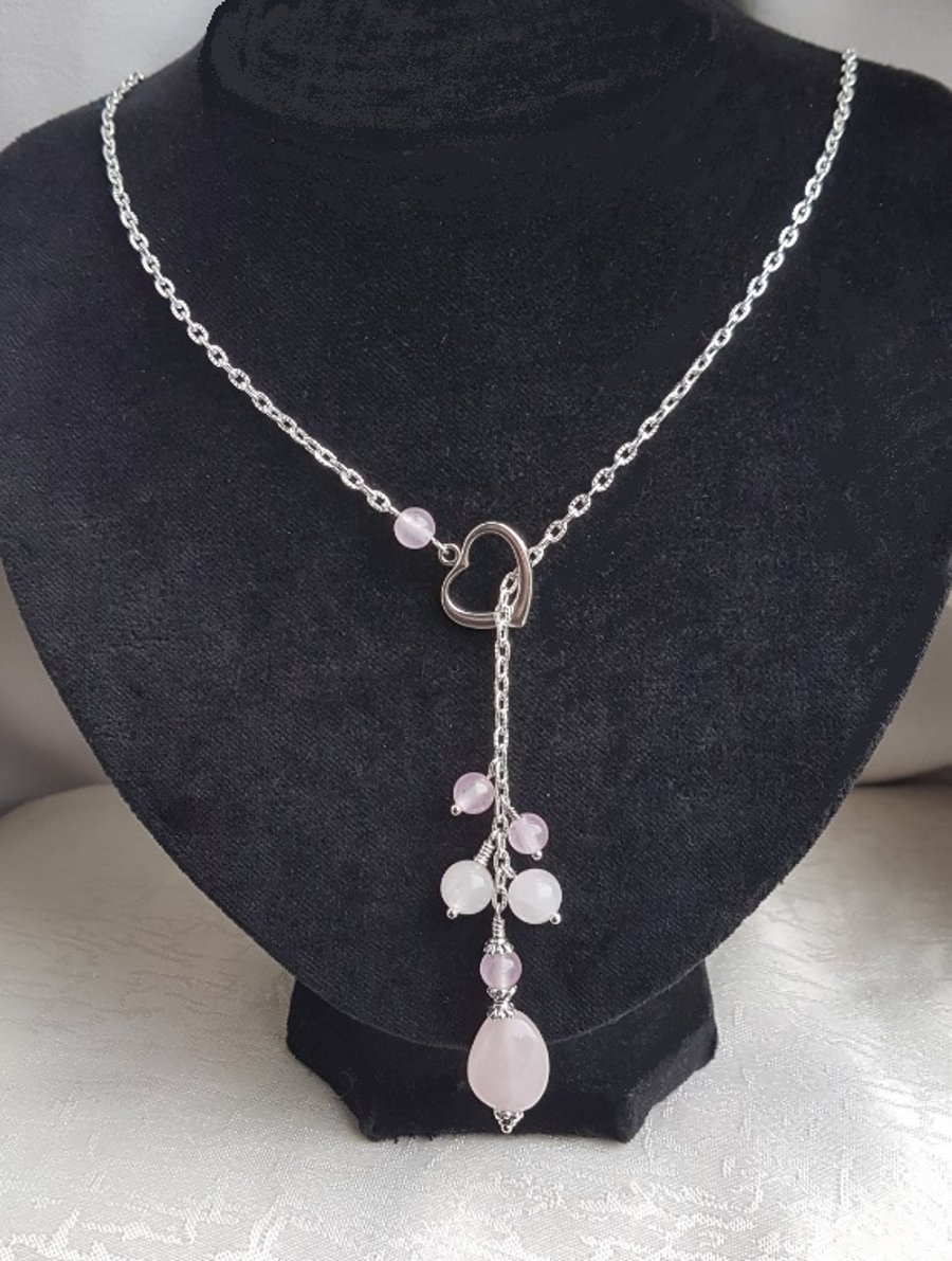 Beautiful Quarzo Rosa Lariat Style Dangle Necklace.