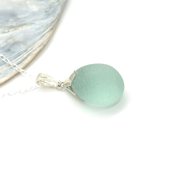 Aqua blue green sea glass pendant seaham sea tumbled 