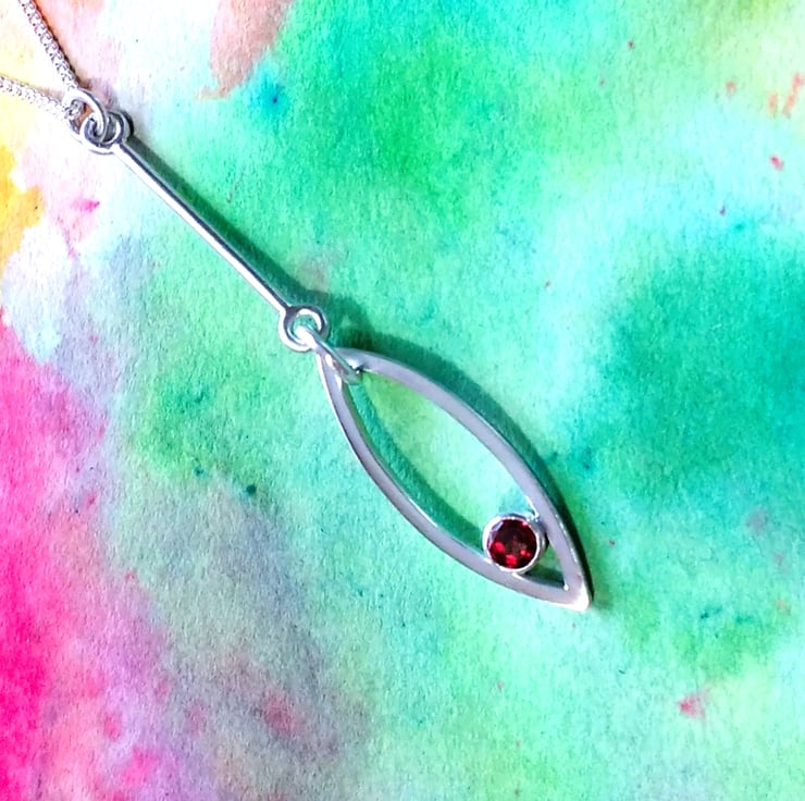 Silver Long Leaf Pendant, Red CZ, Sterling Silv... Folksy
