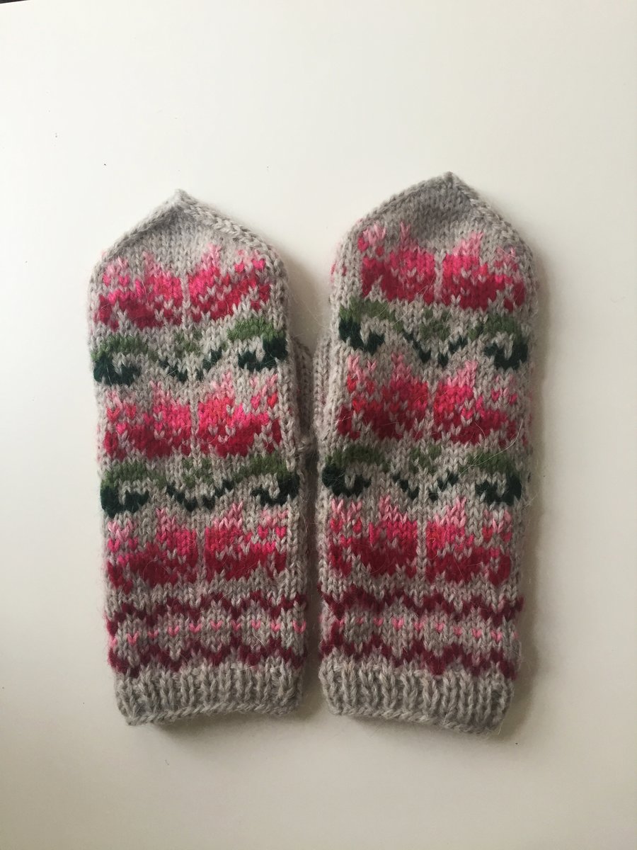 READY TO SHIP hand knitted mittens grey pink green floral fairisle nordic
