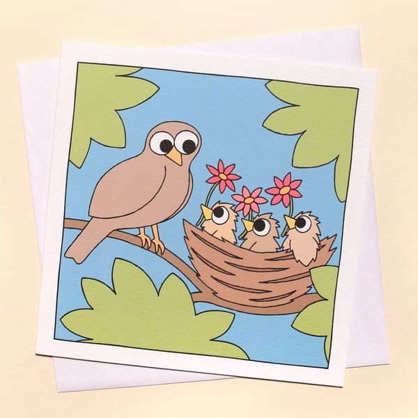 Bird and Nest of Chicks Card - thank you or birthday card for mum,  Q-MBN