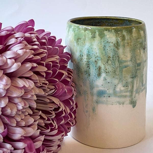 Wheel thrown hand-made ceramic vase, glazed by hand- , natural organic, blues, g