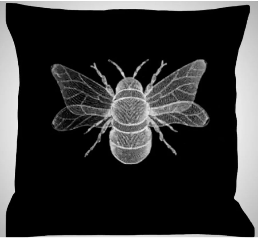 Silver Bee Embroidered Cushion Cover BLACK Gift Idea 