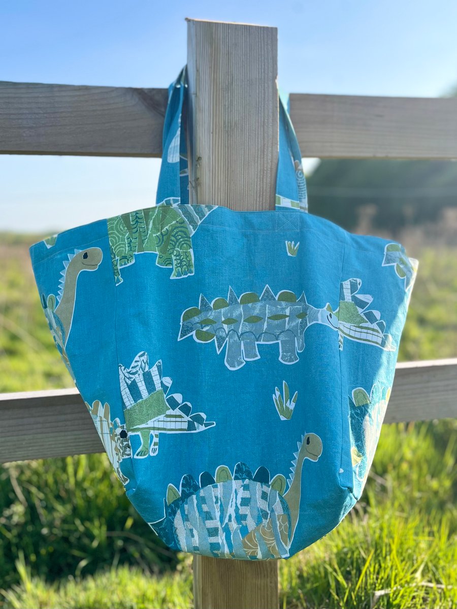 Dinosaurs and seashells blue cotton beach bag tote bag with cotton lining