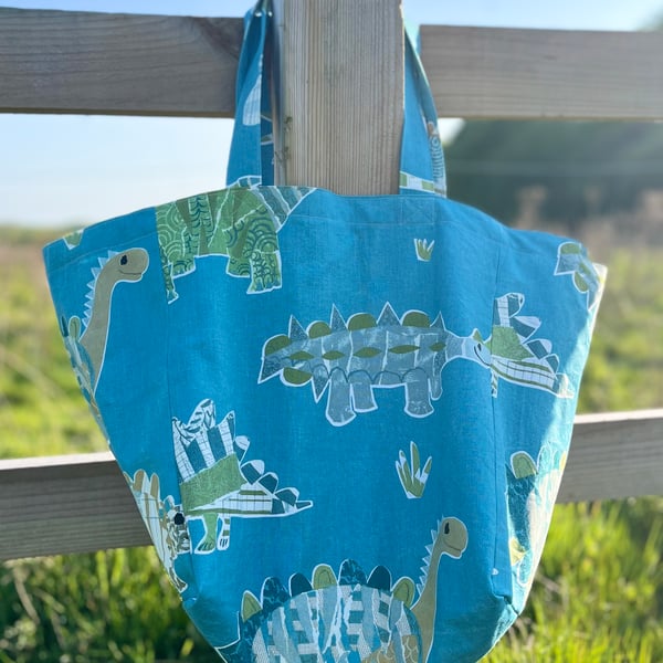 Dinosaurs and seashells blue cotton beach bag tote bag with cotton lining