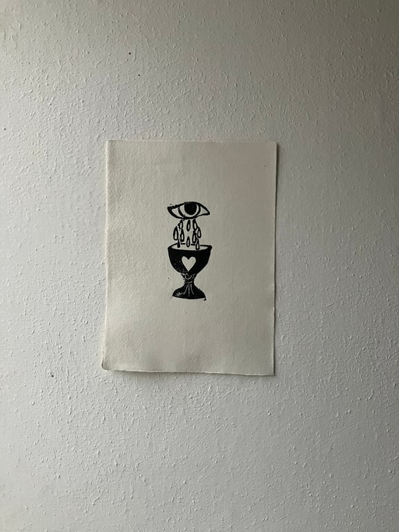 Loving, handcarved linocut print on paper