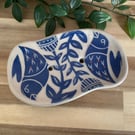 Handmade stoneware sgraffito blue bird flower and heart soap dish