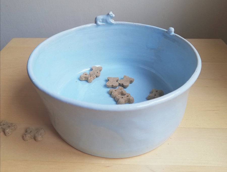 Blue ceramic dog bowl with little dog figure & pawprints Handmade Seconds Sunday