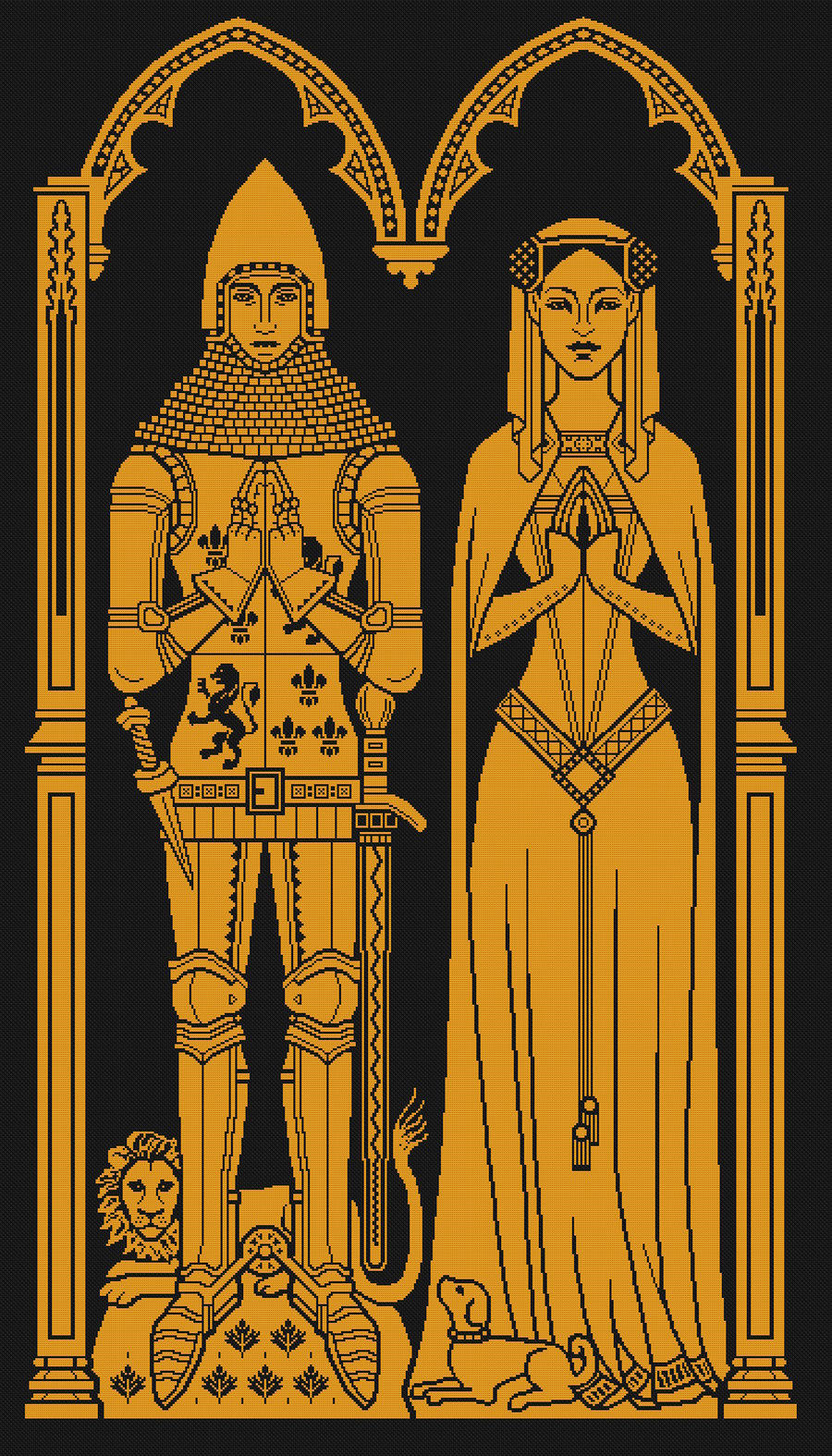 141CD - Medieval Knight & Lady, Coloured Brass Rubbing - CrossStitch Pattern