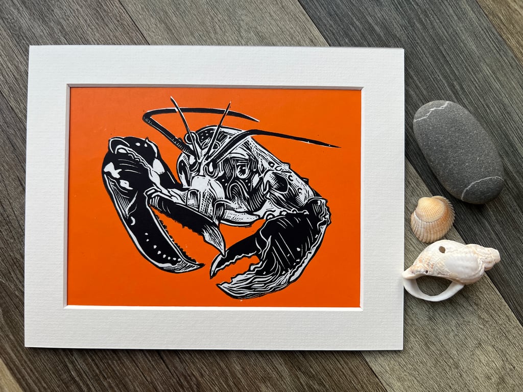 Scottish lobster (orange) original lino print