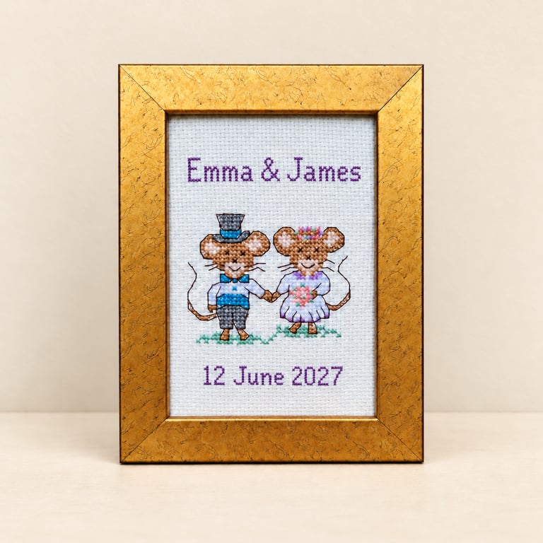Personalised Wedding Mice Cross Stitch – Framed Keepsake