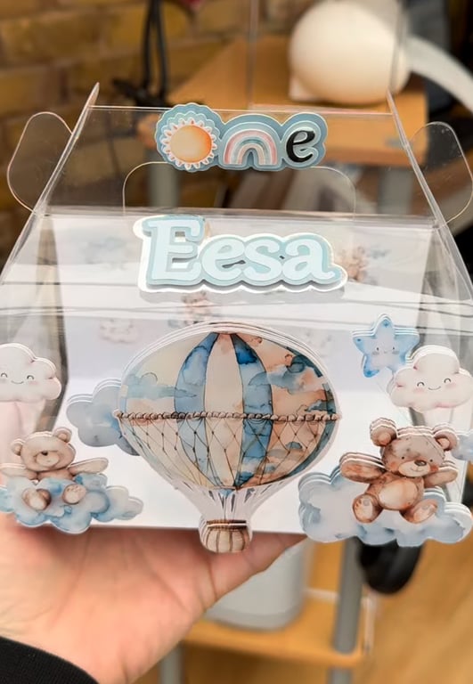 6 Personalised teddy and hot air baloon party boxes, party bags 