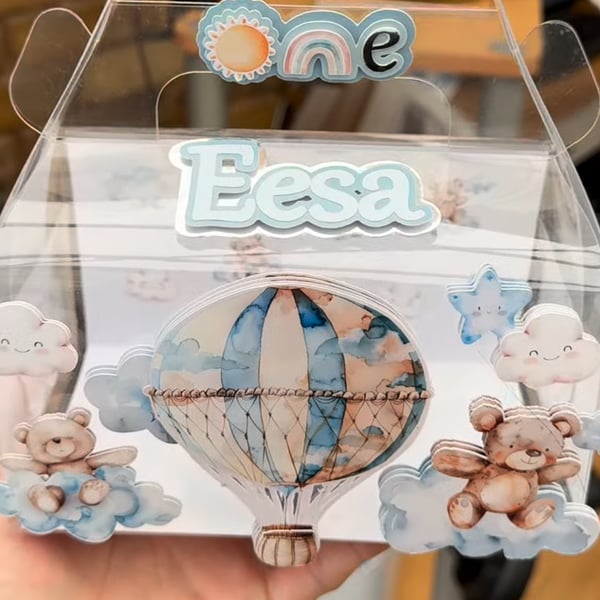 6 Personalised teddy and hot air baloon party boxes, party bags 