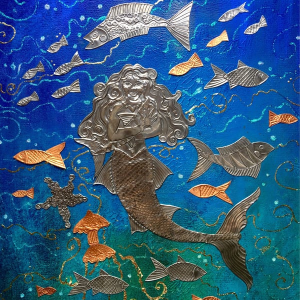 Mermaid original art multimedia collage assemblage in pewter, copper and acrylic