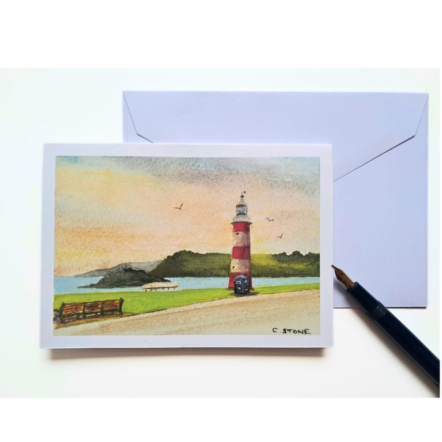 Blank greetings card Smeatons Tower Plymouth Hoe from original painting  size A6