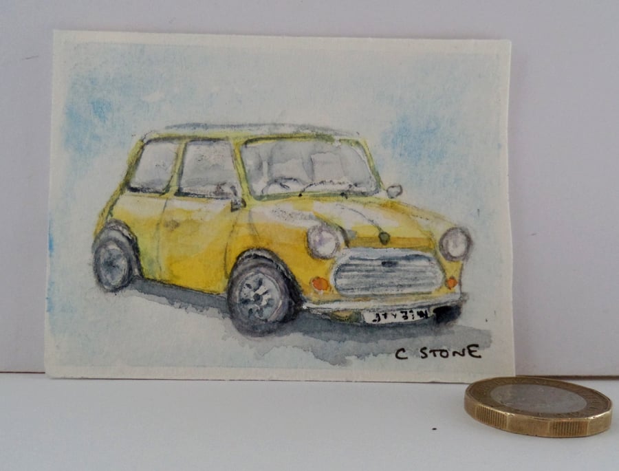 ACEO original miniature watercolour painting classic Mini saloon car in yellow 