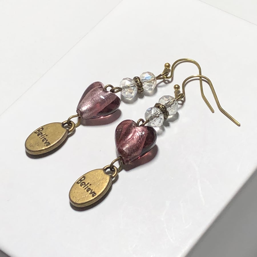 Purple Murano hearts and crystal earrings