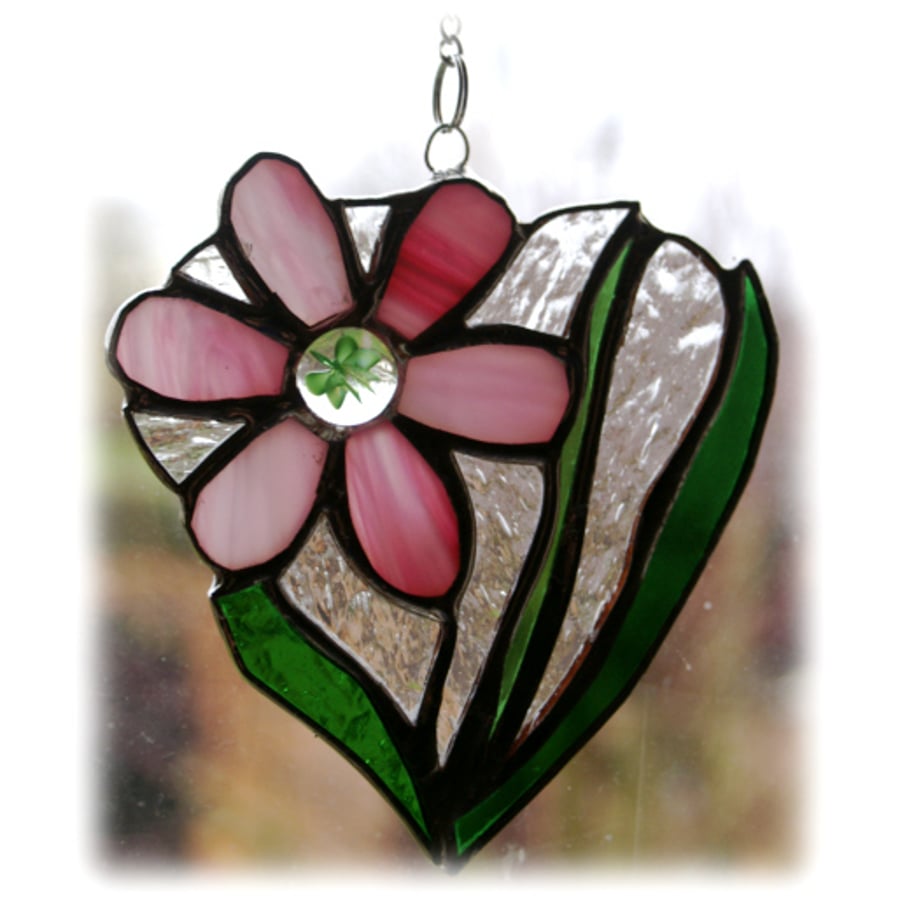 Daisy Heart Suncatcher Stained Glass Handmade Pink Mother's Day Mothers Flower 