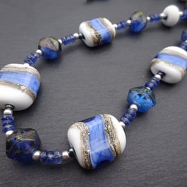 white ocean lampwork glass and kyanite gemstone necklace