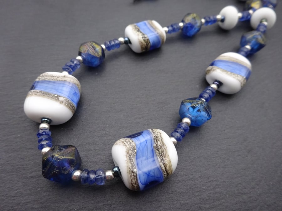 white ocean lampwork glass and kyanite gemstone necklace
